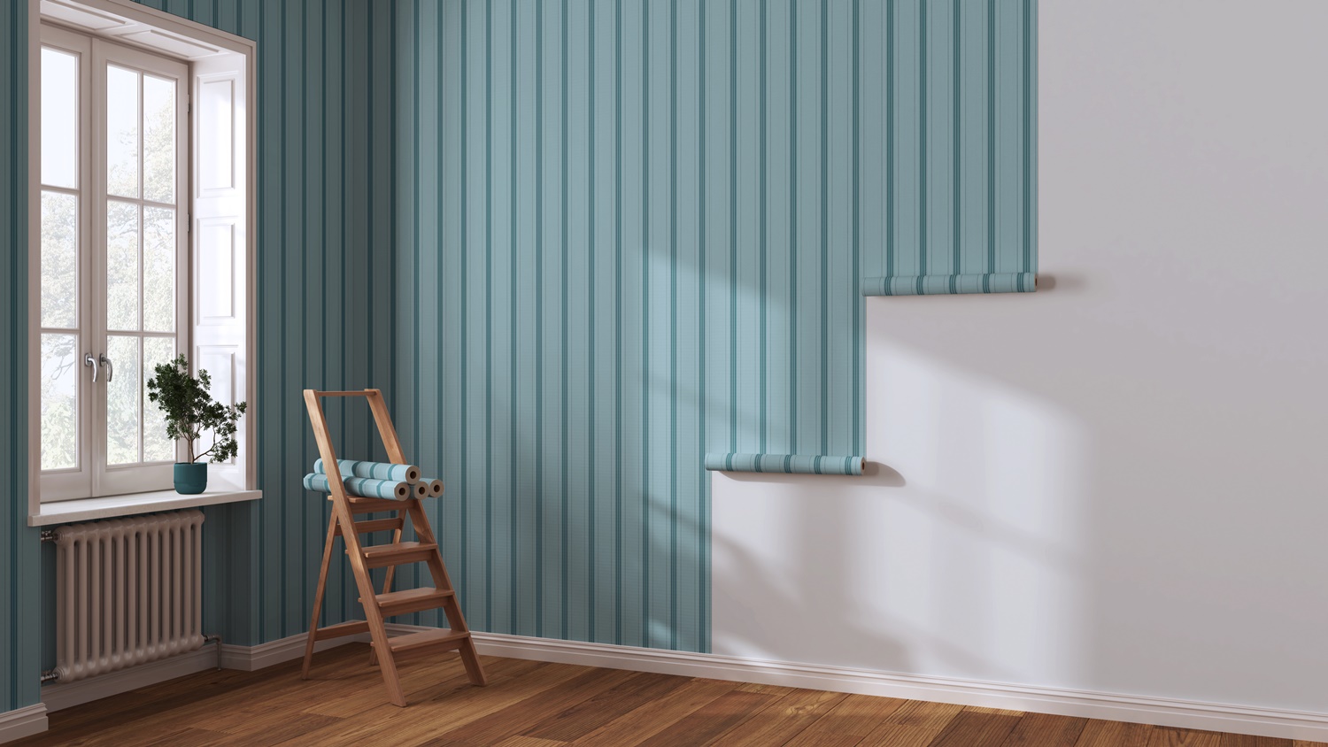 Empty room with white walls and parquet floor, shits of striped Posa tappezzerie Torino
